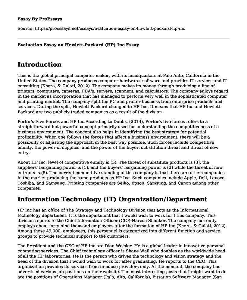 Evaluation Essay on Hewlett-Packard (HP) Inc