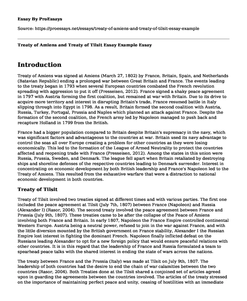 Treaty of Amiens and Treaty of Tilsit Essay Example