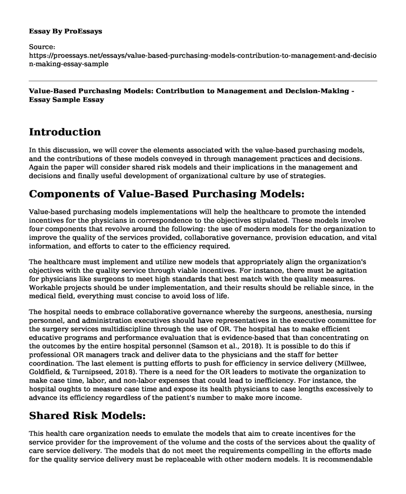 Value-Based Purchasing Models: Contribution to Management and Decision-Making - Essay Sample