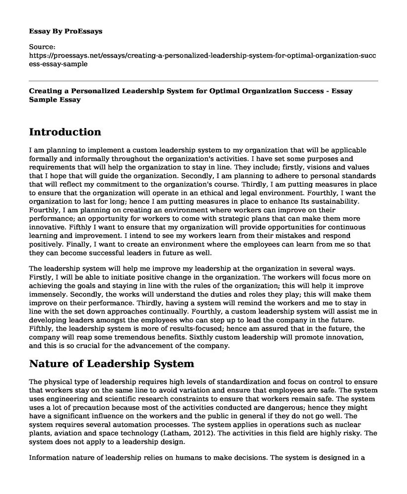 Creating a Personalized Leadership System for Optimal Organization Success - Essay Sample
