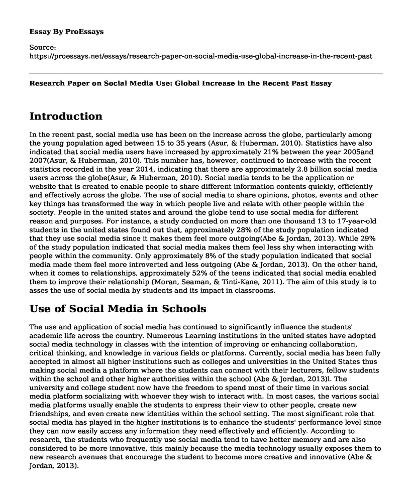 Research Paper on Social Media Use: Global Increase in the Recent Past