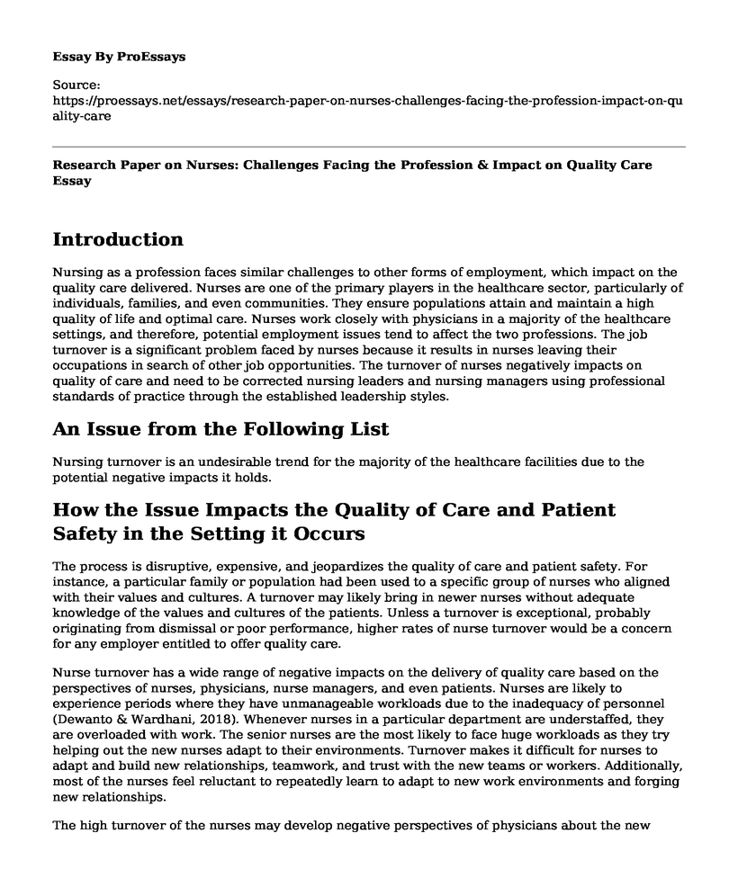 Research Paper on Nurses: Challenges Facing the Profession & Impact on Quality Care