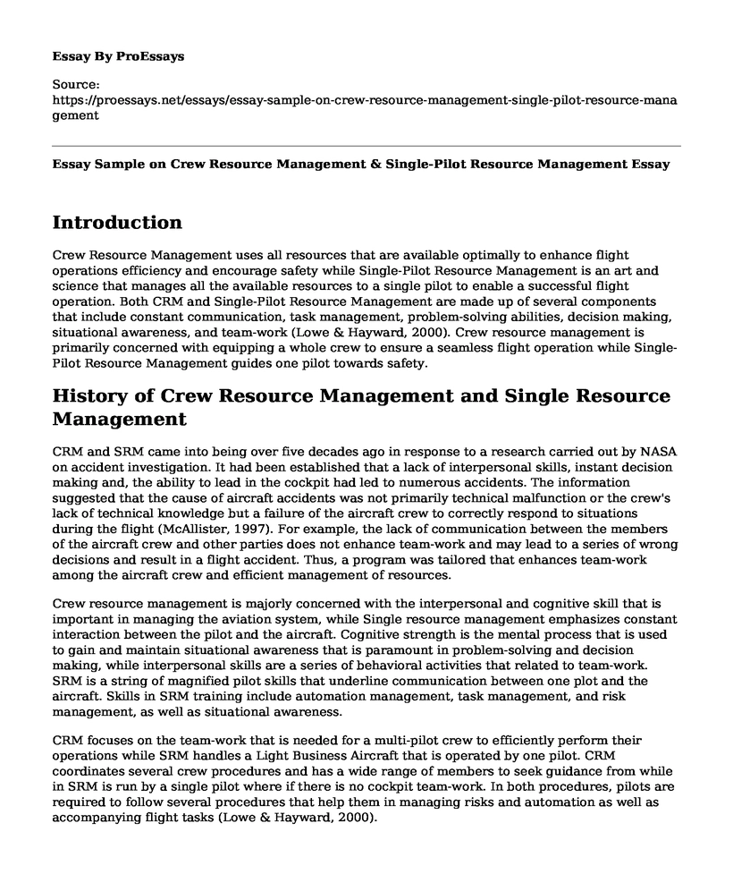 Essay Sample on Crew Resource Management & Single-Pilot Resource Management