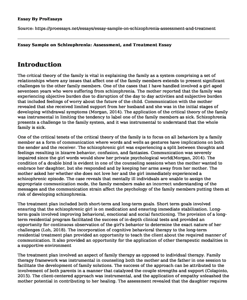 Essay Sample on Schizophrenia: Assessment, and Treatment