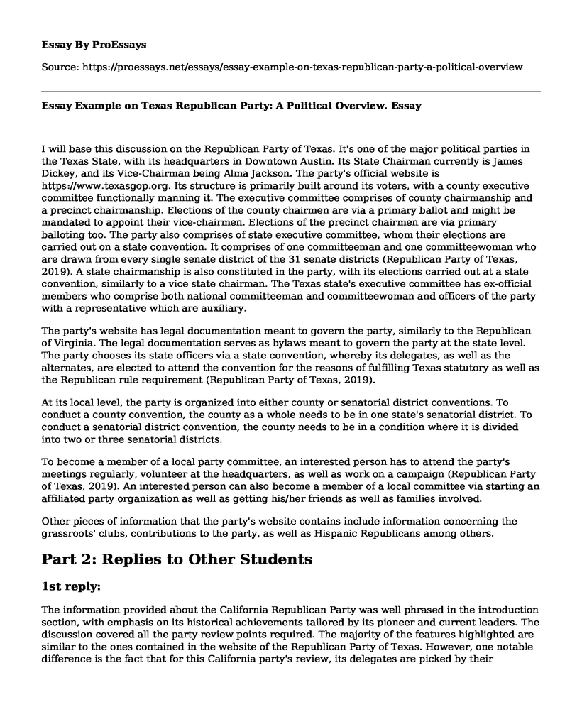 Essay Example on Texas Republican Party: A Political Overview.