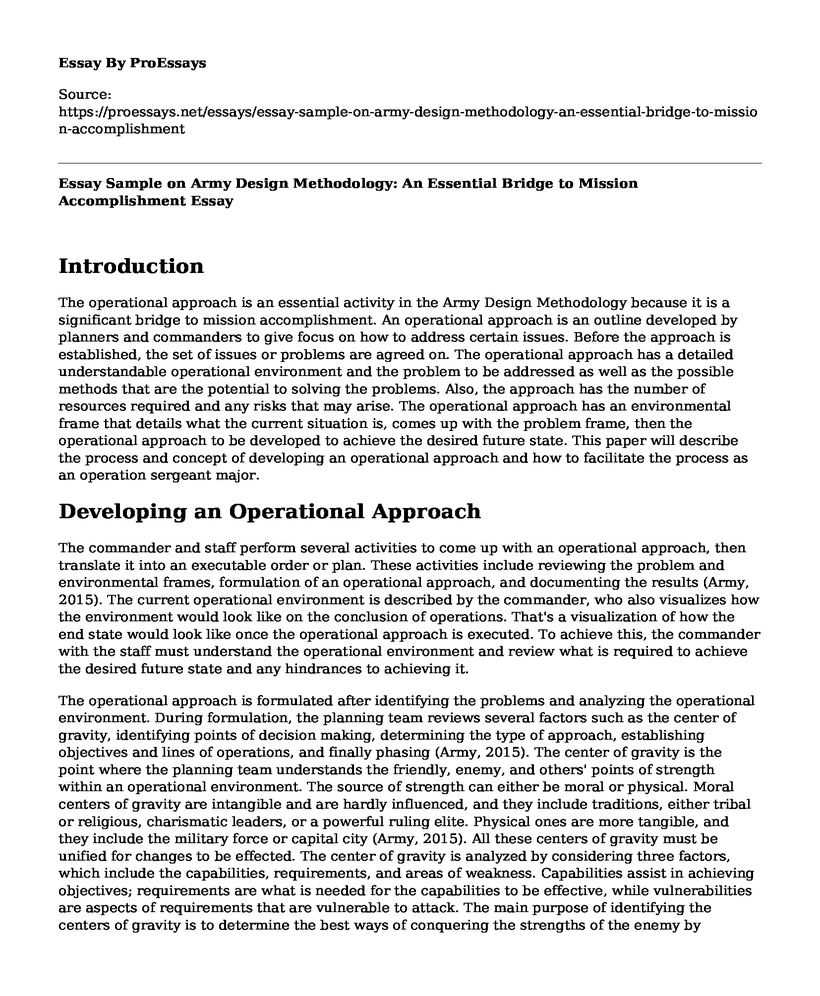 Essay Sample on Army Design Methodology: An Essential Bridge to Mission Accomplishment