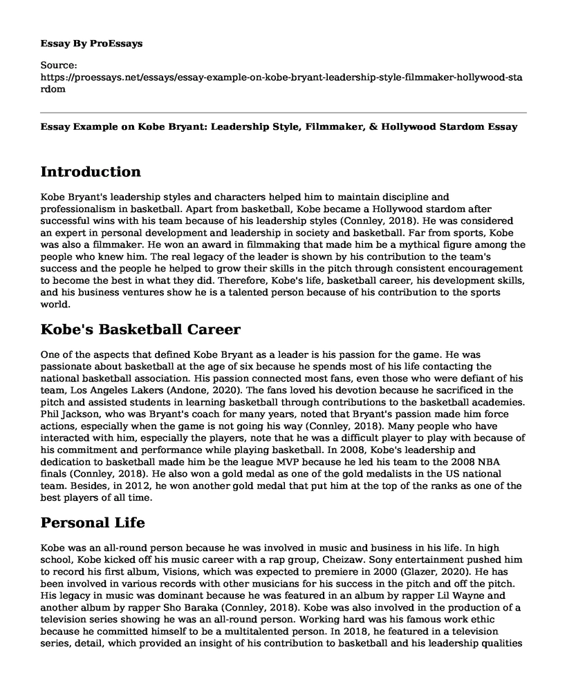 Essay Example on Kobe Bryant: Leadership Style, Filmmaker, & Hollywood Stardom