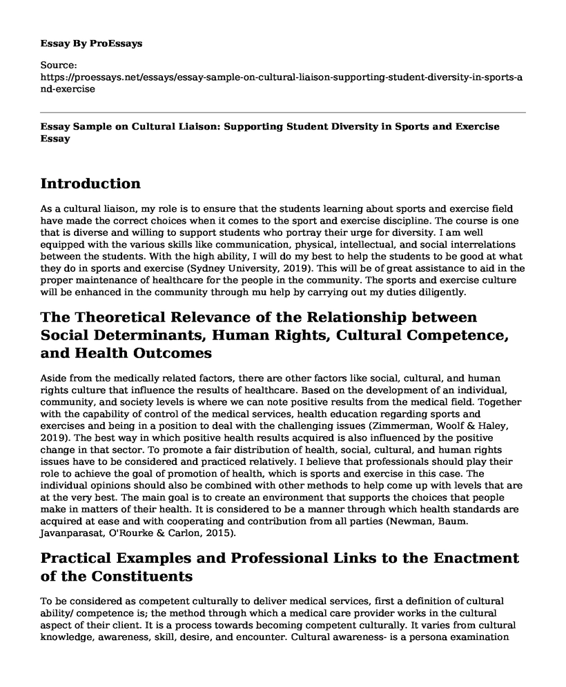 Essay Sample on Cultural Liaison: Supporting Student Diversity in Sports and Exercise