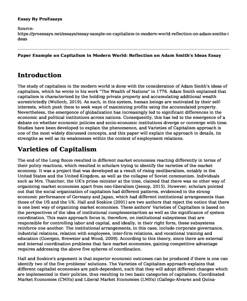 Paper Example on Capitalism in Modern World: Reflection on Adam Smith's Ideas