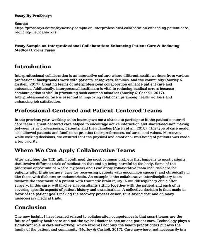 Essay Sample on Interprofessional Collaboration: Enhancing Patient Care & Reducing Medical Errors