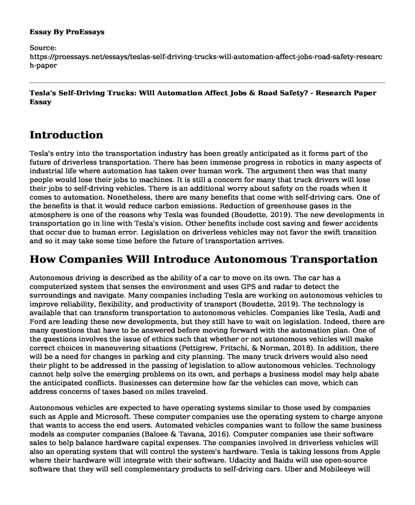 Tesla's Self-Driving Trucks: Will Automation Affect Jobs & Road Safety? - Research Paper