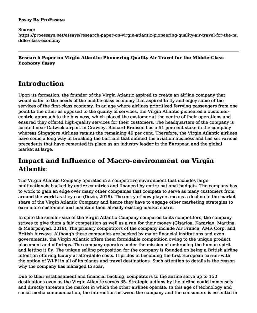 Research Paper on Virgin Atlantic: Pioneering Quality Air Travel for the Middle-Class Economy