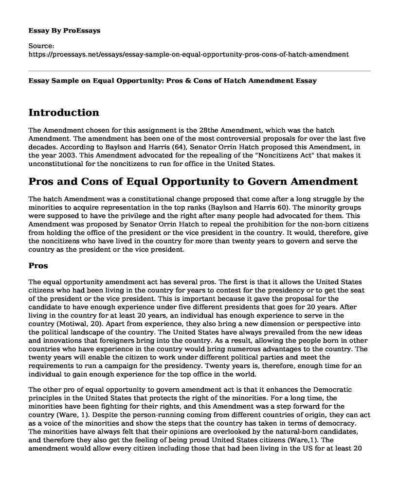 Essay Sample on Equal Opportunity: Pros & Cons of Hatch Amendment
