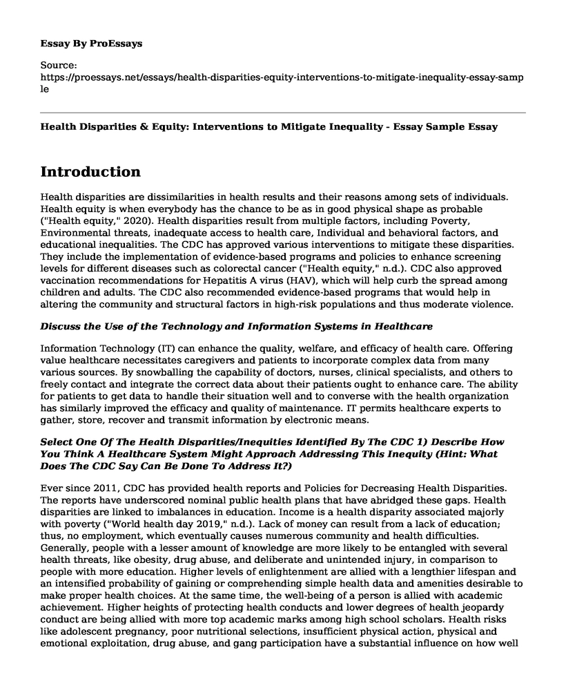 Health Disparities & Equity: Interventions to Mitigate Inequality - Essay Sample