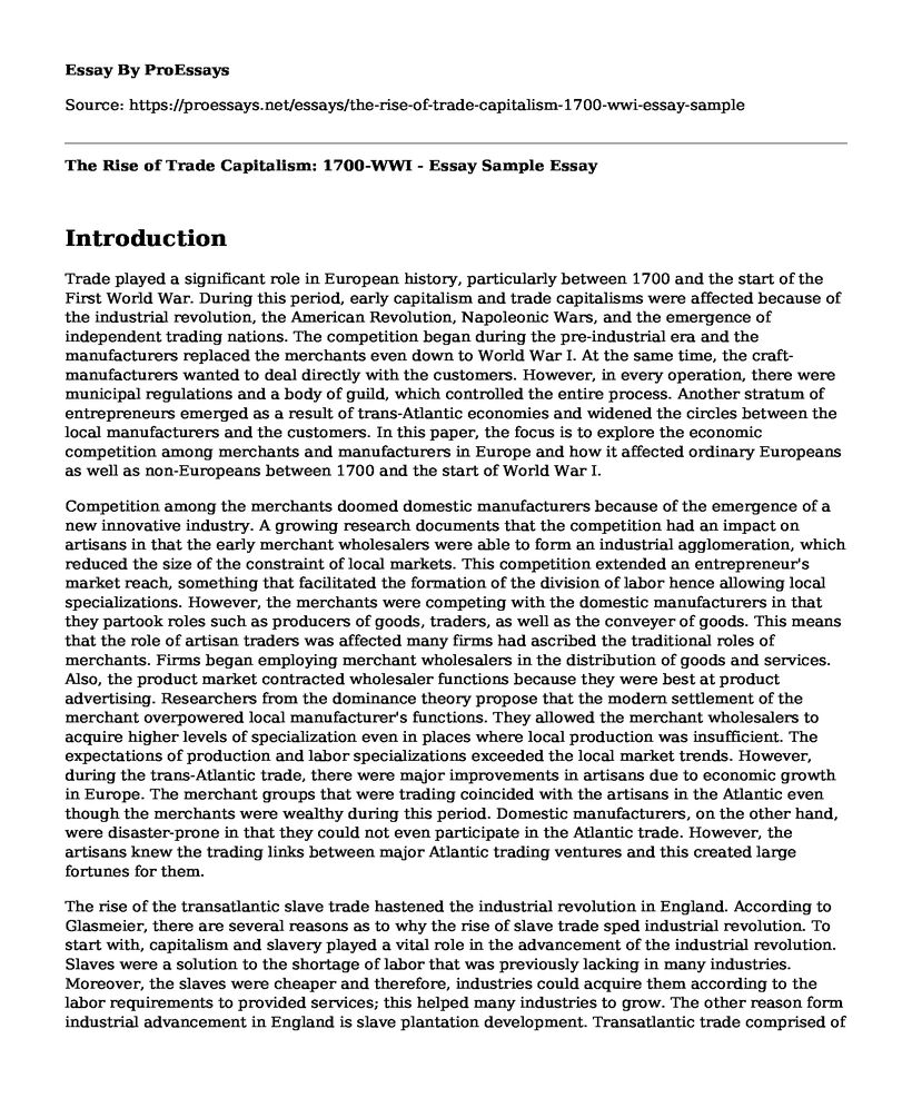 The Rise of Trade Capitalism: 1700-WWI - Essay Sample