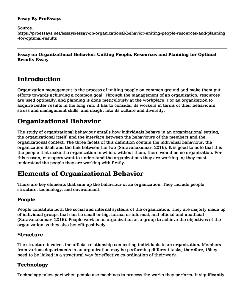 Essay on Organizational Behavior: Uniting People, Resources and Planning for Optimal Results