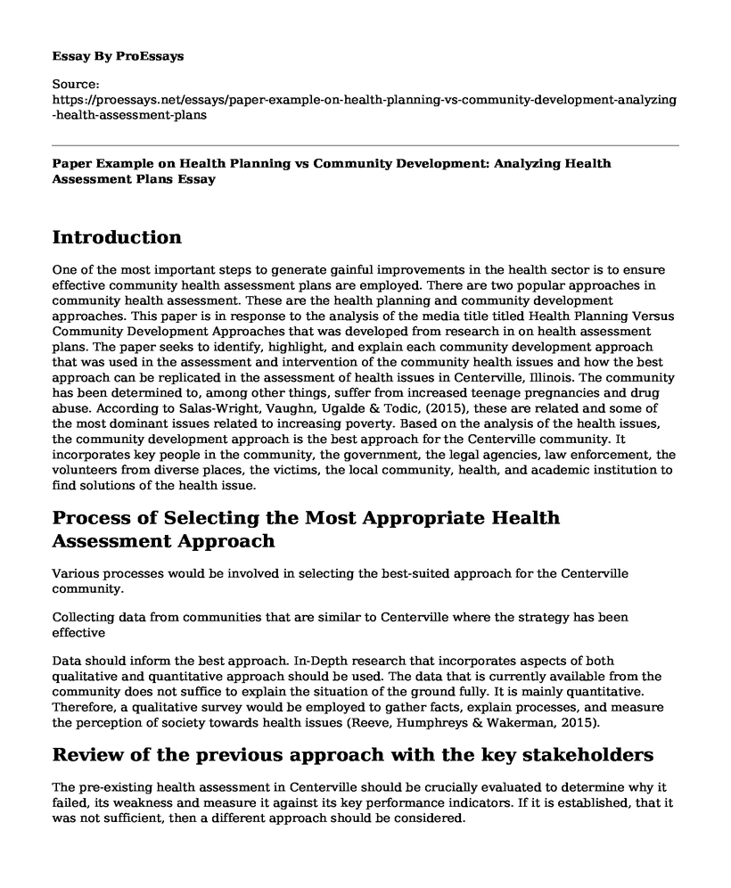 Paper Example on Health Planning vs Community Development: Analyzing Health Assessment Plans
