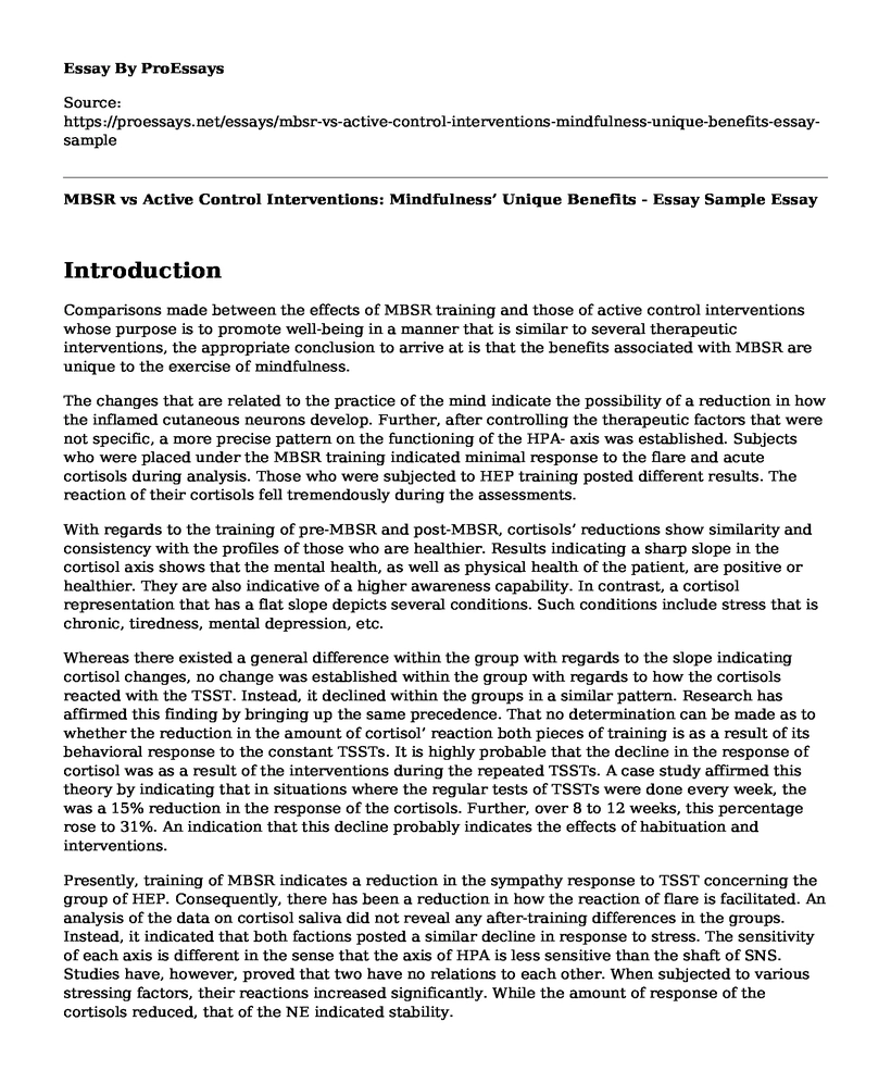 MBSR vs Active Control Interventions: Mindfulness' Unique Benefits - Essay Sample