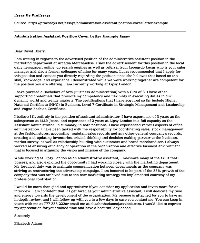Administration Assistant Position Cover Letter Example