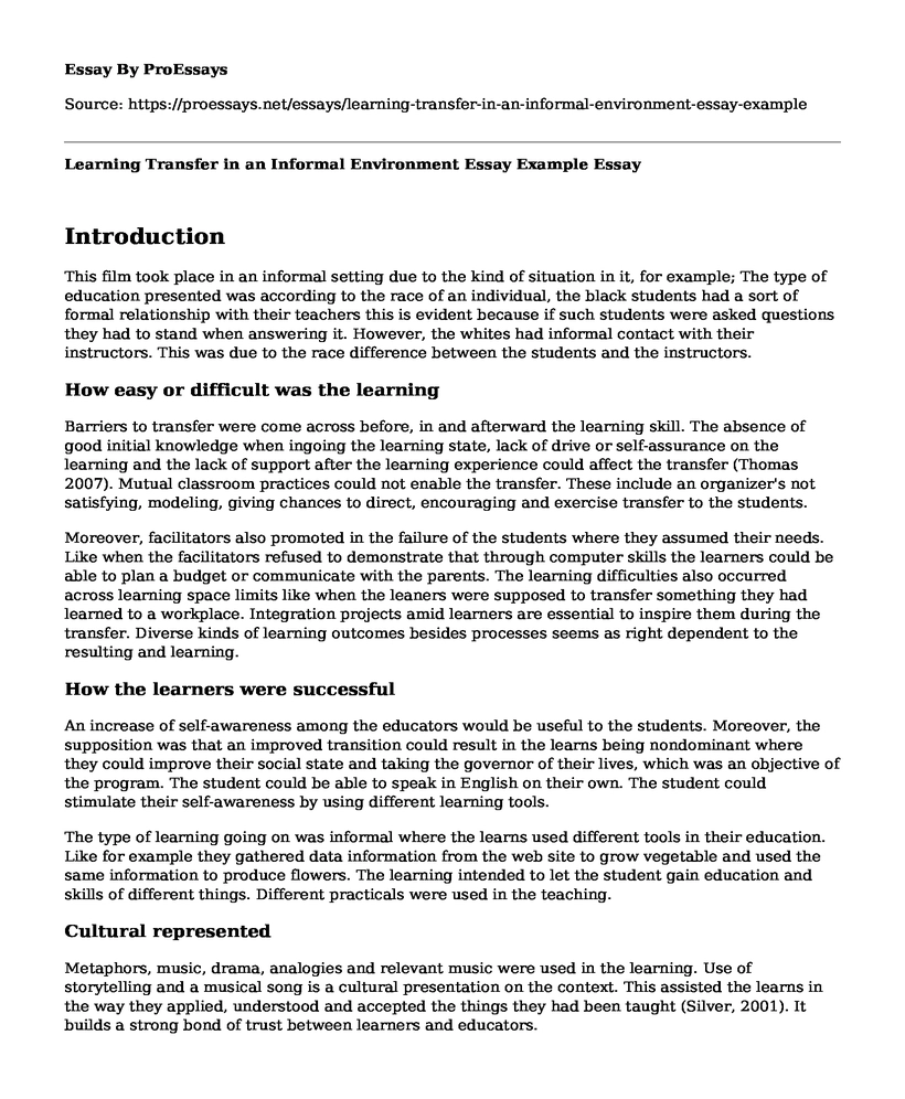 Learning Transfer in an Informal Environment Essay Example