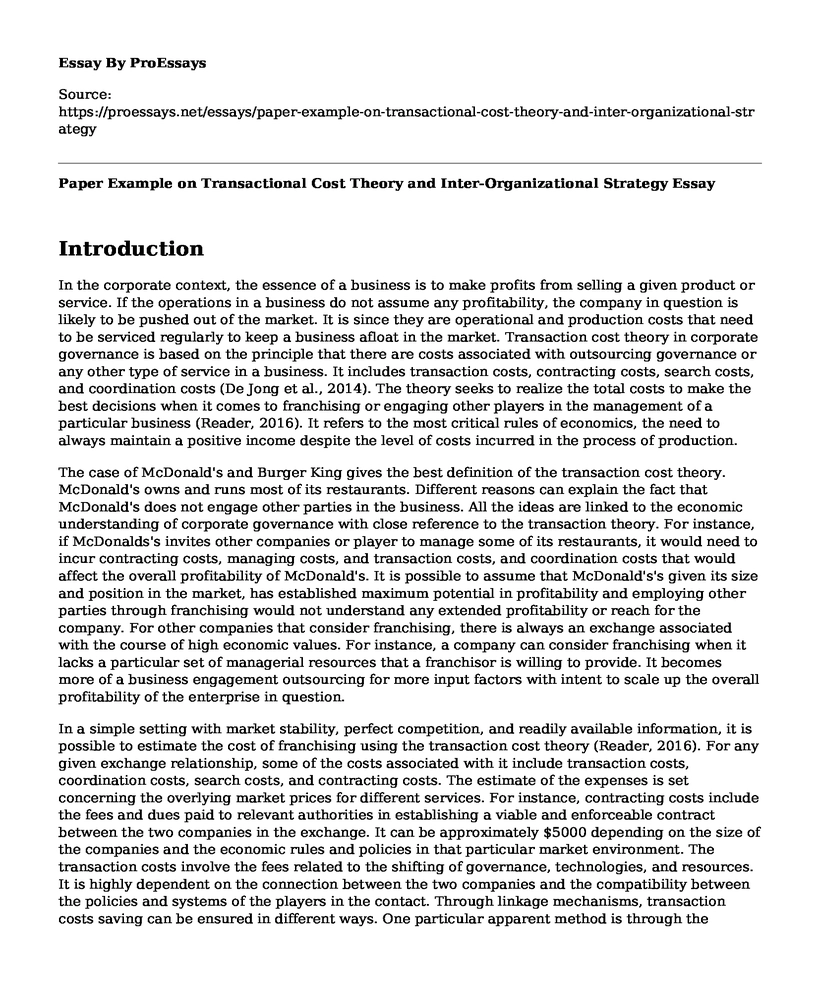 Paper Example on Transactional Cost Theory and Inter-Organizational Strategy