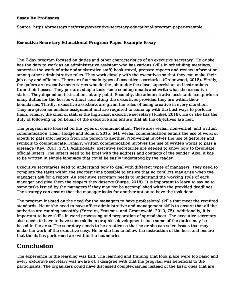 Executive Secretary Educational Program Paper Example
