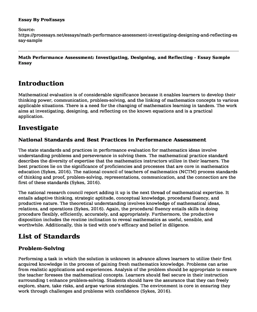 Math Performance Assessment: Investigating, Designing, and Reflecting - Essay Sample