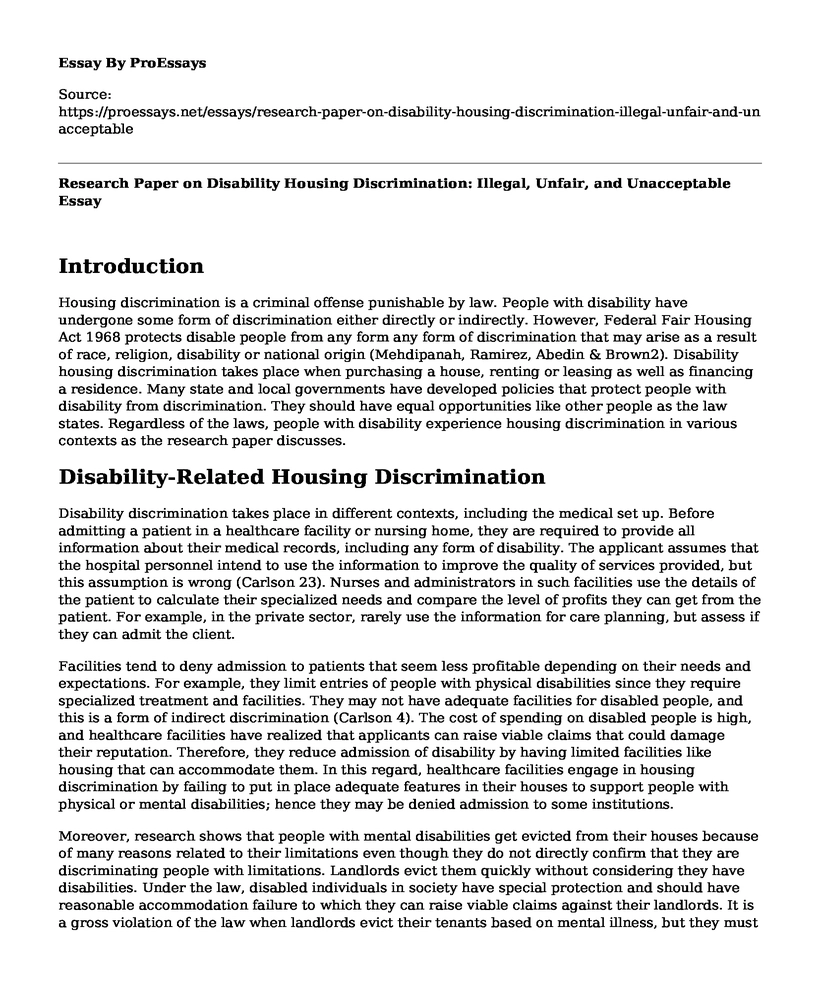 Research Paper on Disability Housing Discrimination: Illegal, Unfair, and Unacceptable