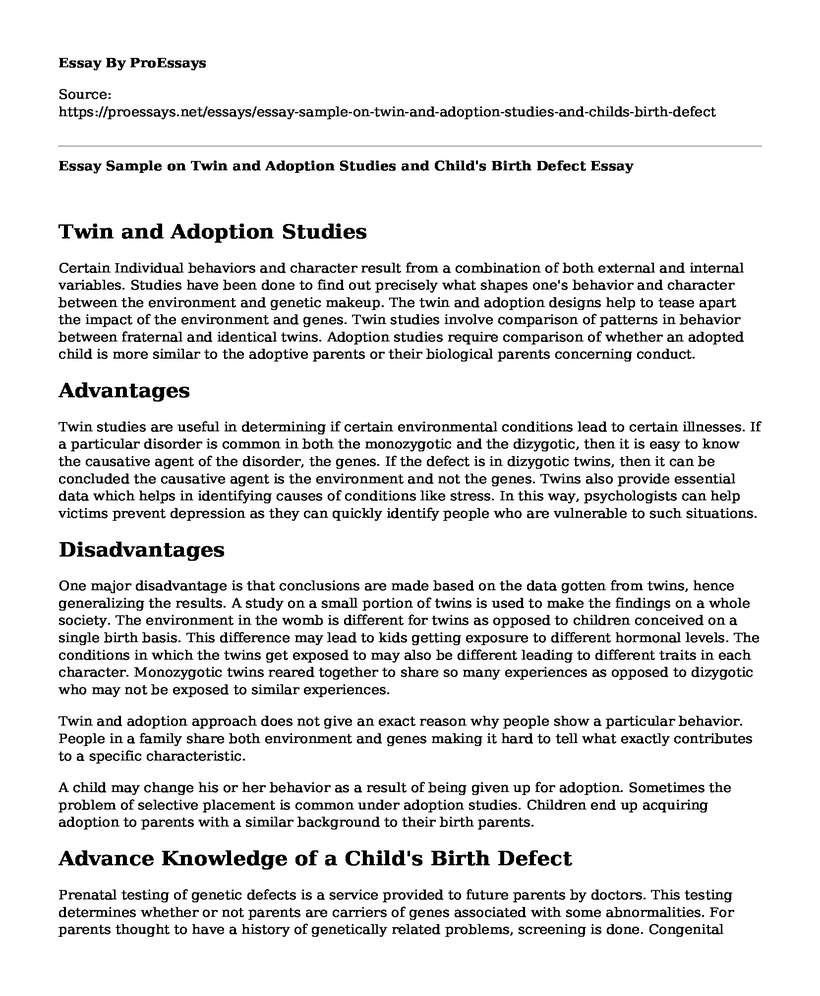 Essay Sample on Twin and Adoption Studies and Child's Birth Defect