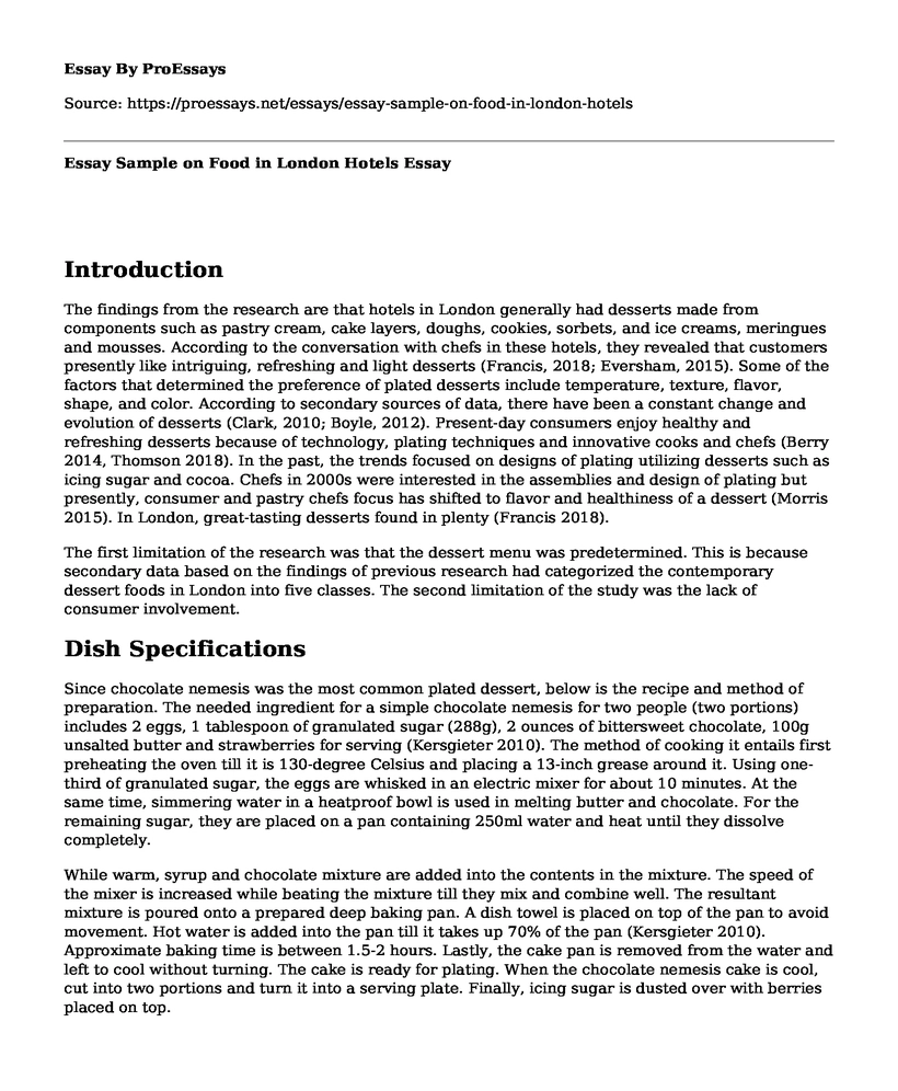 Essay Sample on Food in London Hotels