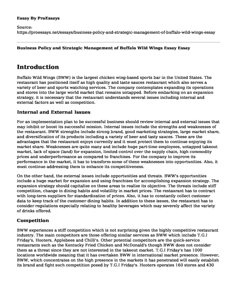 Business Policy and Strategic Management of Buffalo Wild Wings Essay