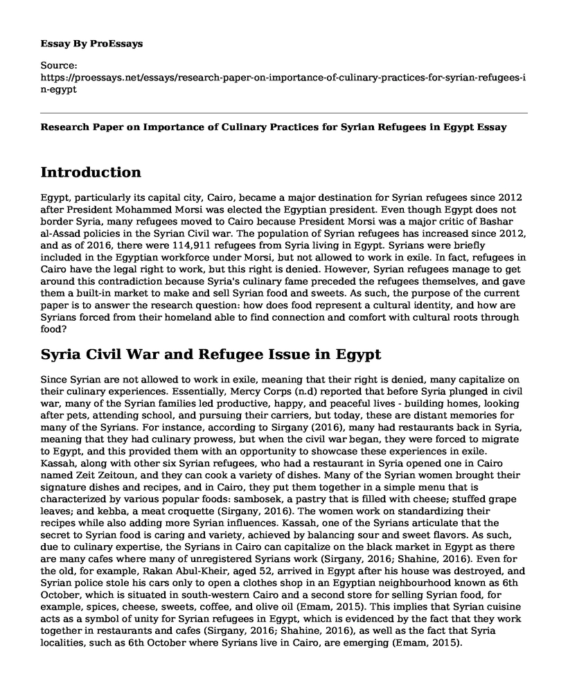 Research Paper on Importance of Culinary Practices for Syrian Refugees in Egypt