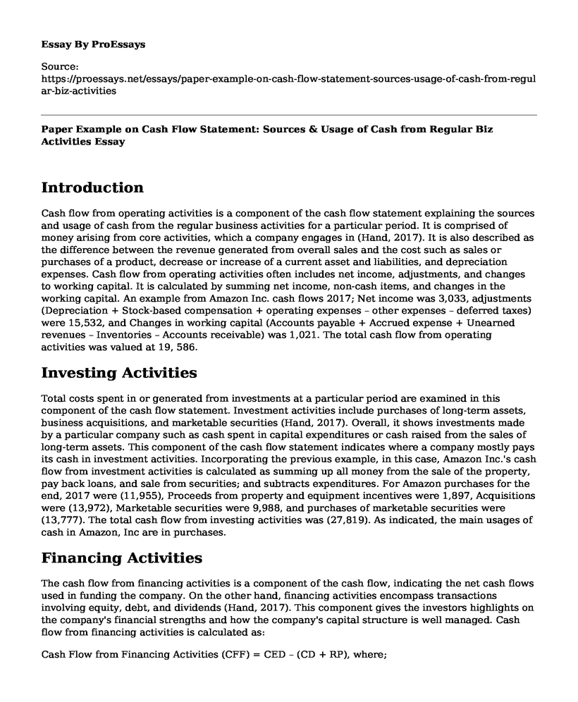 Paper Example on Cash Flow Statement: Sources & Usage of Cash from Regular Biz Activities