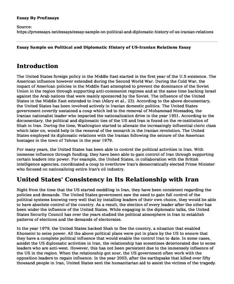 Essay Sample on Political and Diplomatic History of US-Iranian Relations