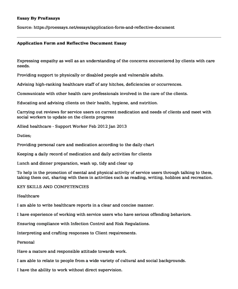 Application Form and Reflective Document