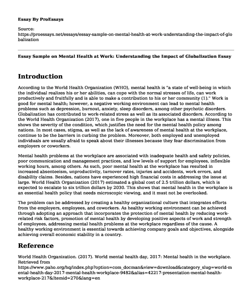 Essay Sample on Mental Health at Work: Understanding the Impact of Globalization