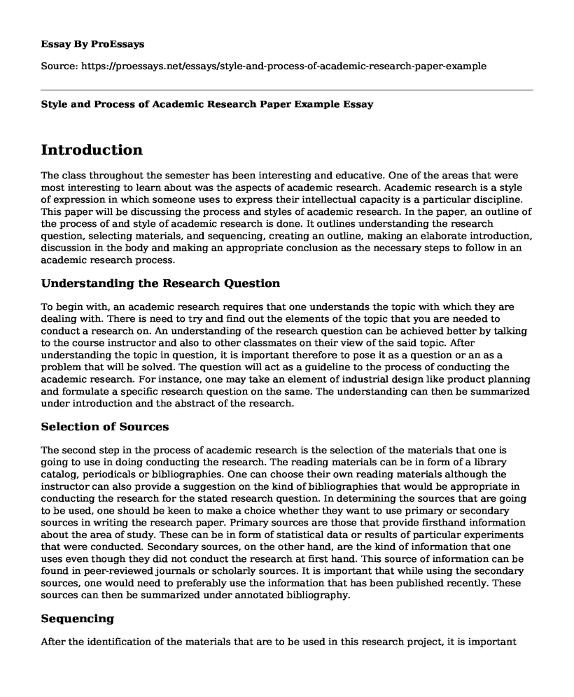 Style and Process of Academic Research Paper Example