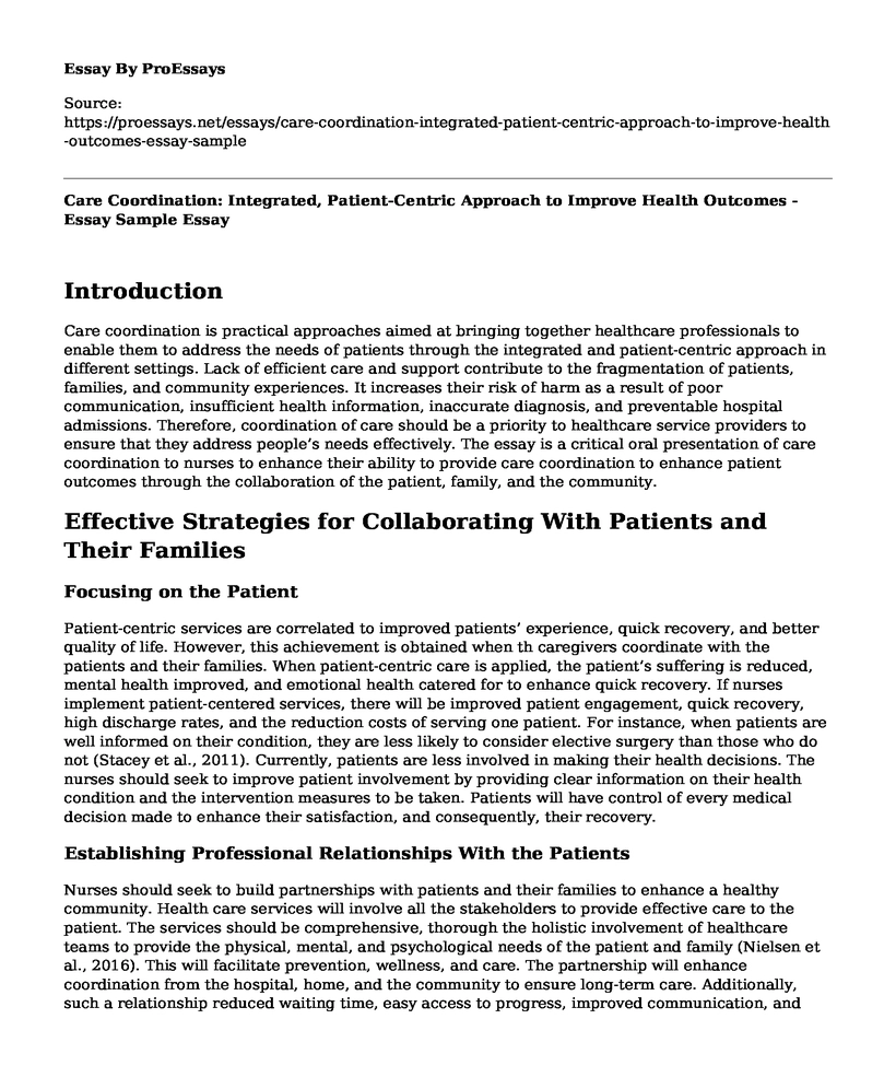 Care Coordination: Integrated, Patient-Centric Approach to Improve Health Outcomes - Essay Sample