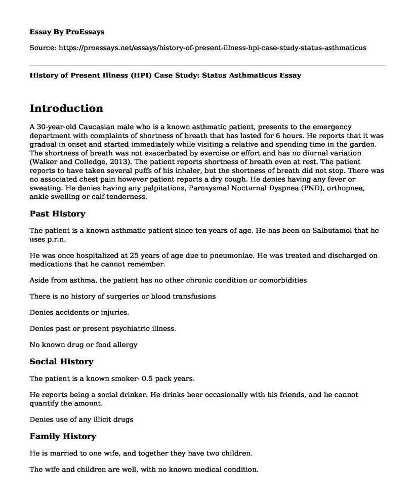 History of Present Illness (HPI) Case Study: Status Asthmaticus