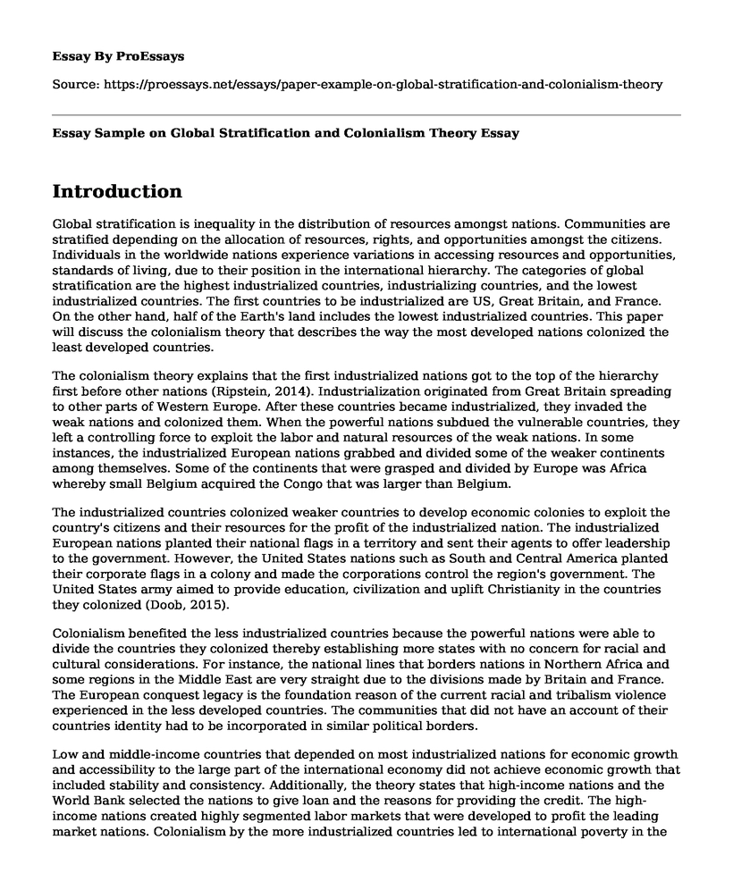 Essay Sample on Global Stratification and Colonialism Theory