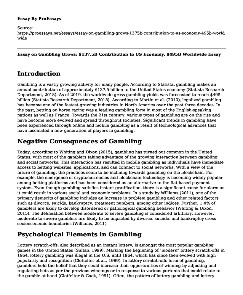 Essay on Gambling Grows: $137.5B Contribution to US Economy, $495B Worldwide