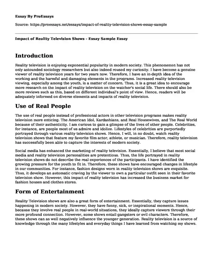 Impact of Reality Television Shows - Essay Sample