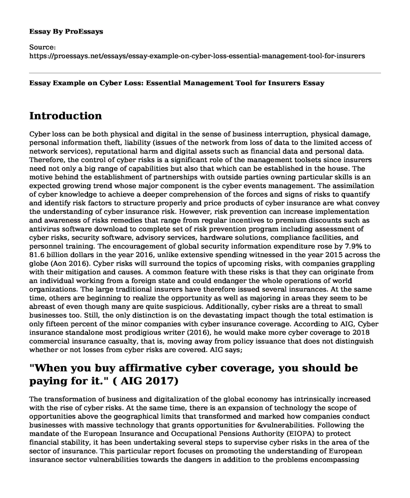 Essay Example on Cyber Loss: Essential Management Tool for Insurers