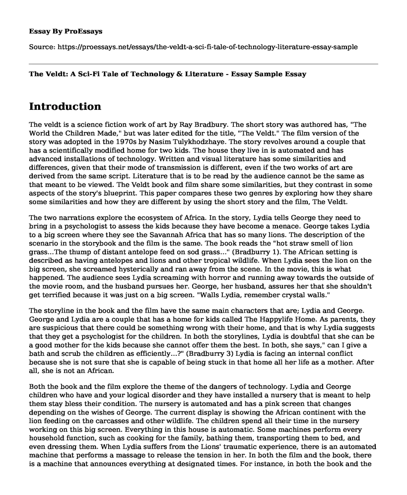 The Veldt: A Sci-Fi Tale of Technology & Literature - Essay Sample