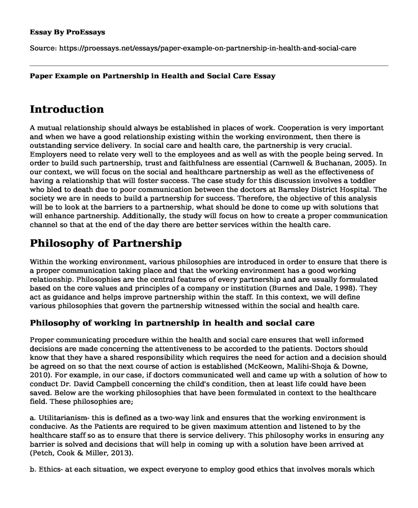 Paper Example on Partnership in Health and Social Care