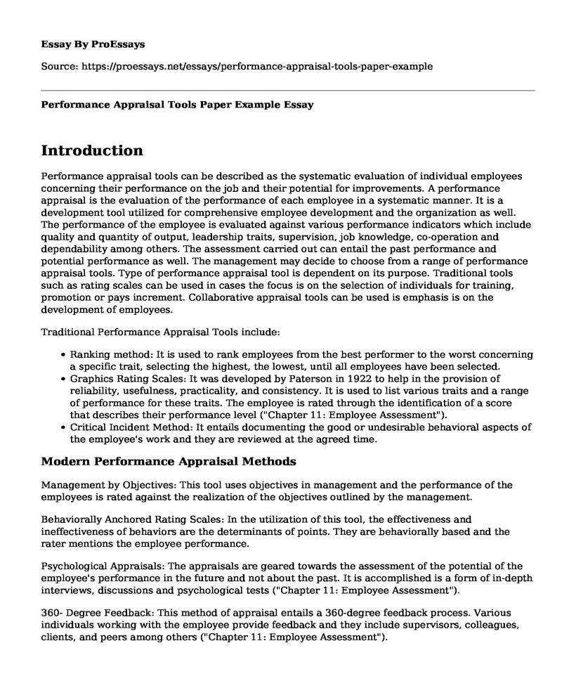 Performance Appraisal Tools Paper Example