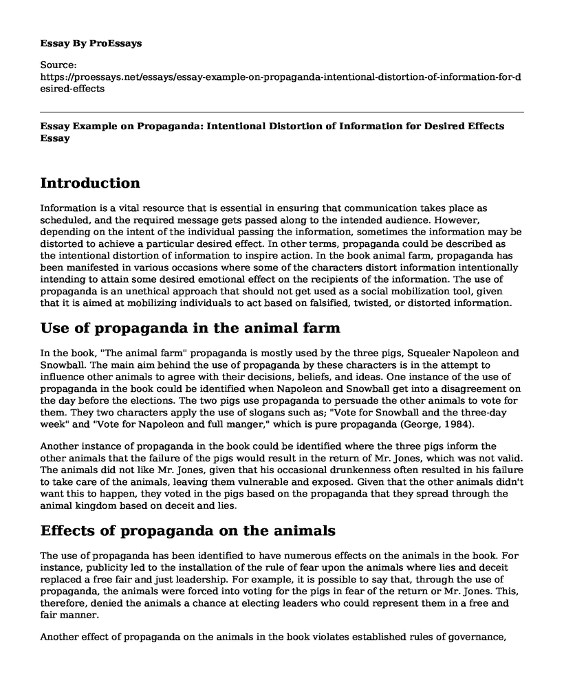 Essay Example on Propaganda: Intentional Distortion of Information for Desired Effects
