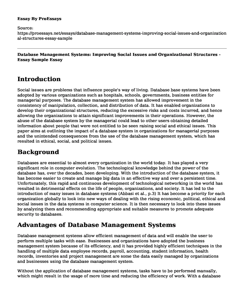 Database Management Systems: Improving Social Issues and Organizational Structures - Essay Sample