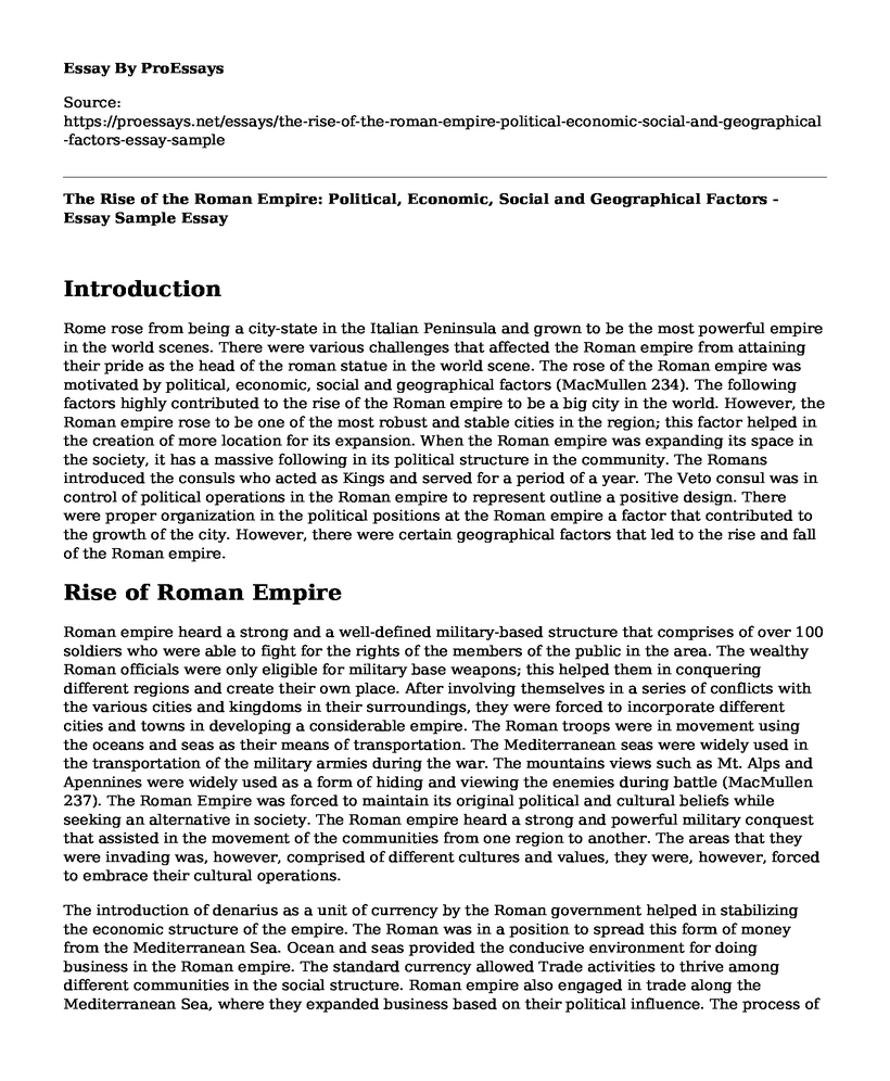 The Rise of the Roman Empire: Political, Economic, Social and Geographical Factors - Essay Sample