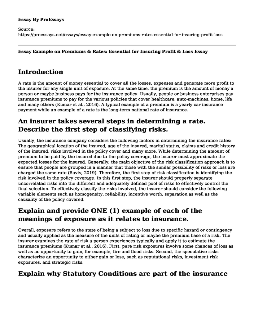 Essay Example on Premiums & Rates: Essential for Insuring Profit & Loss